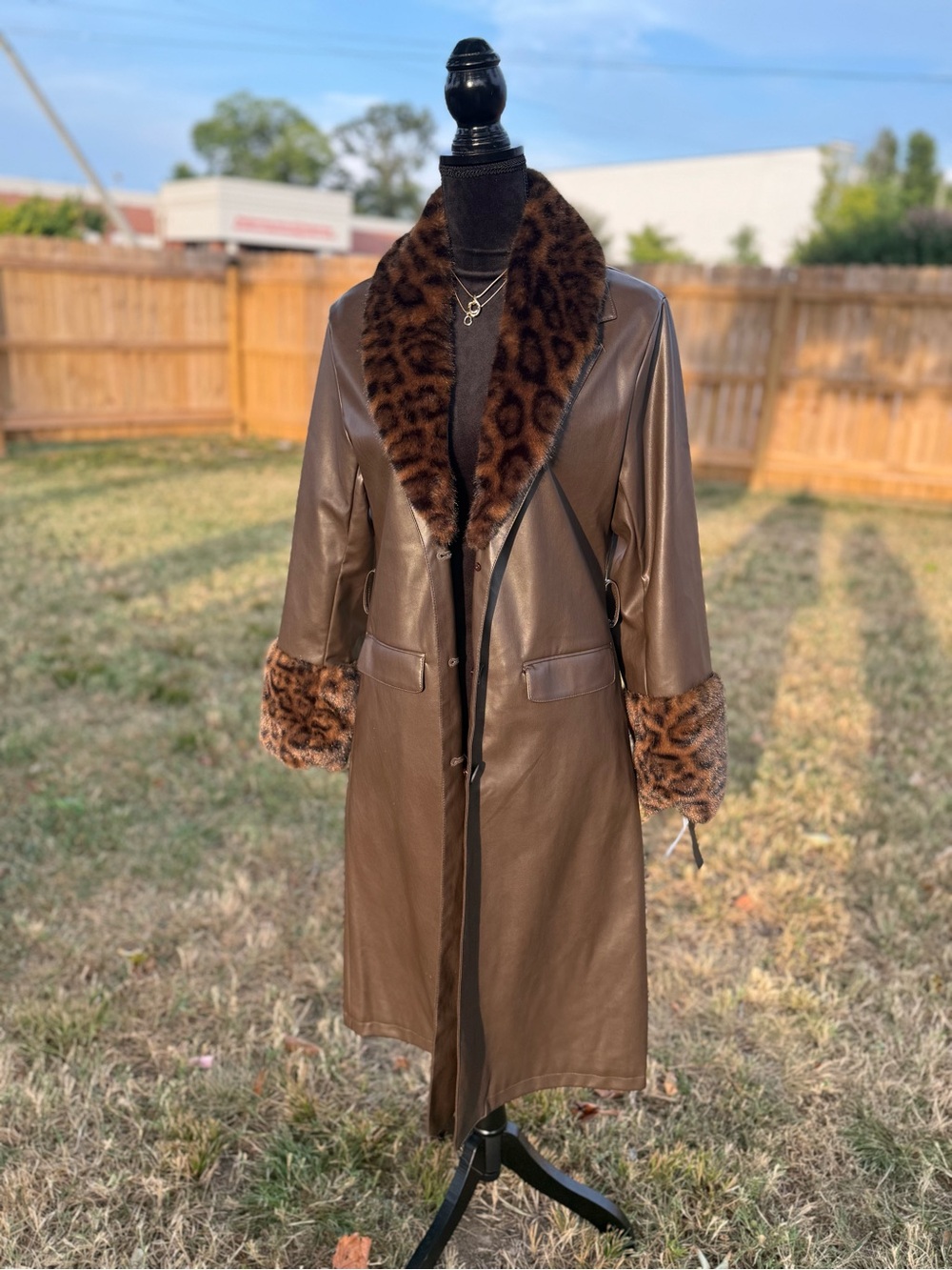 Brown Faux Leather Trench Coat with Leopard-Print Fur Trim